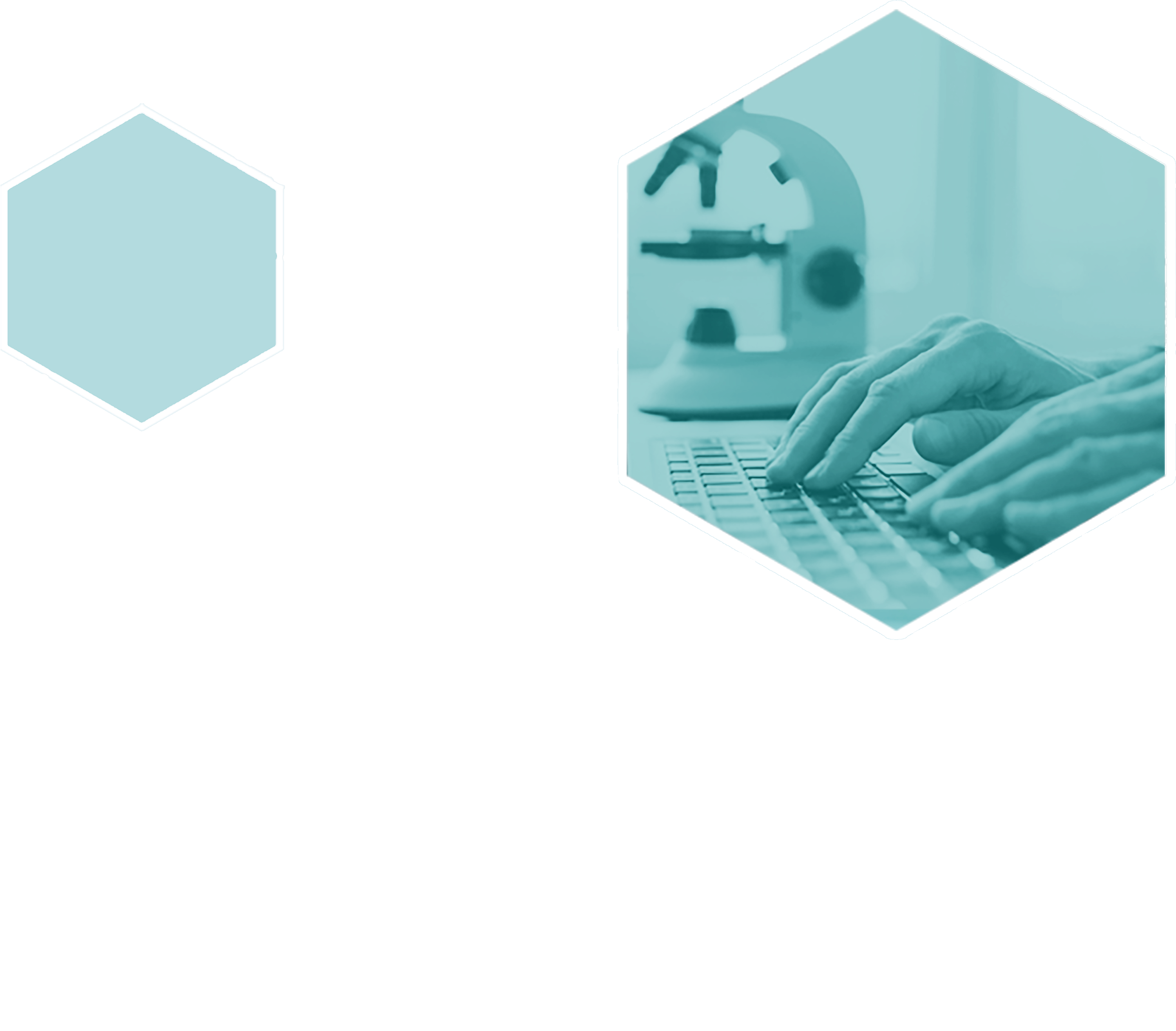 An abstract graphic featuring three hexagons. The top-right hexagon shows a person typing on a keyboard with a microscope in the background, symbolizing a blend of technology and science.