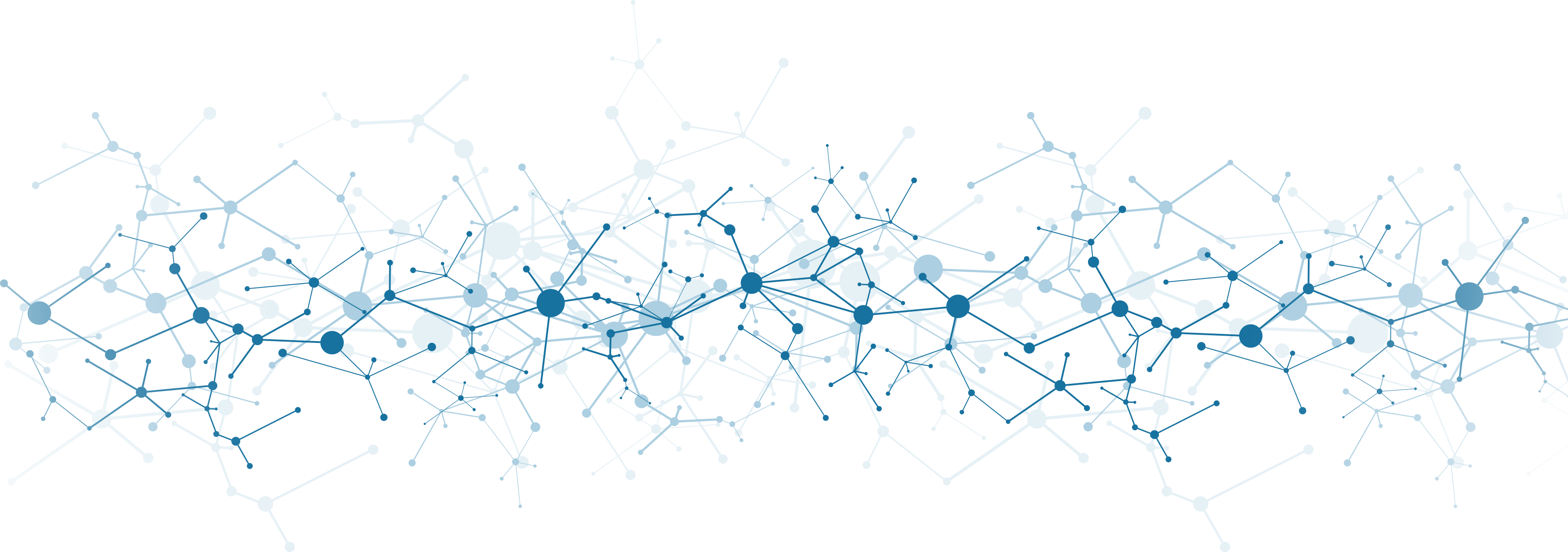 A complex network of interconnected lines and nodes, resembling a molecular or neural network structure. The image features various shades of blue and white, with nodes of different sizes connected by thin lines, creating a web-like pattern.