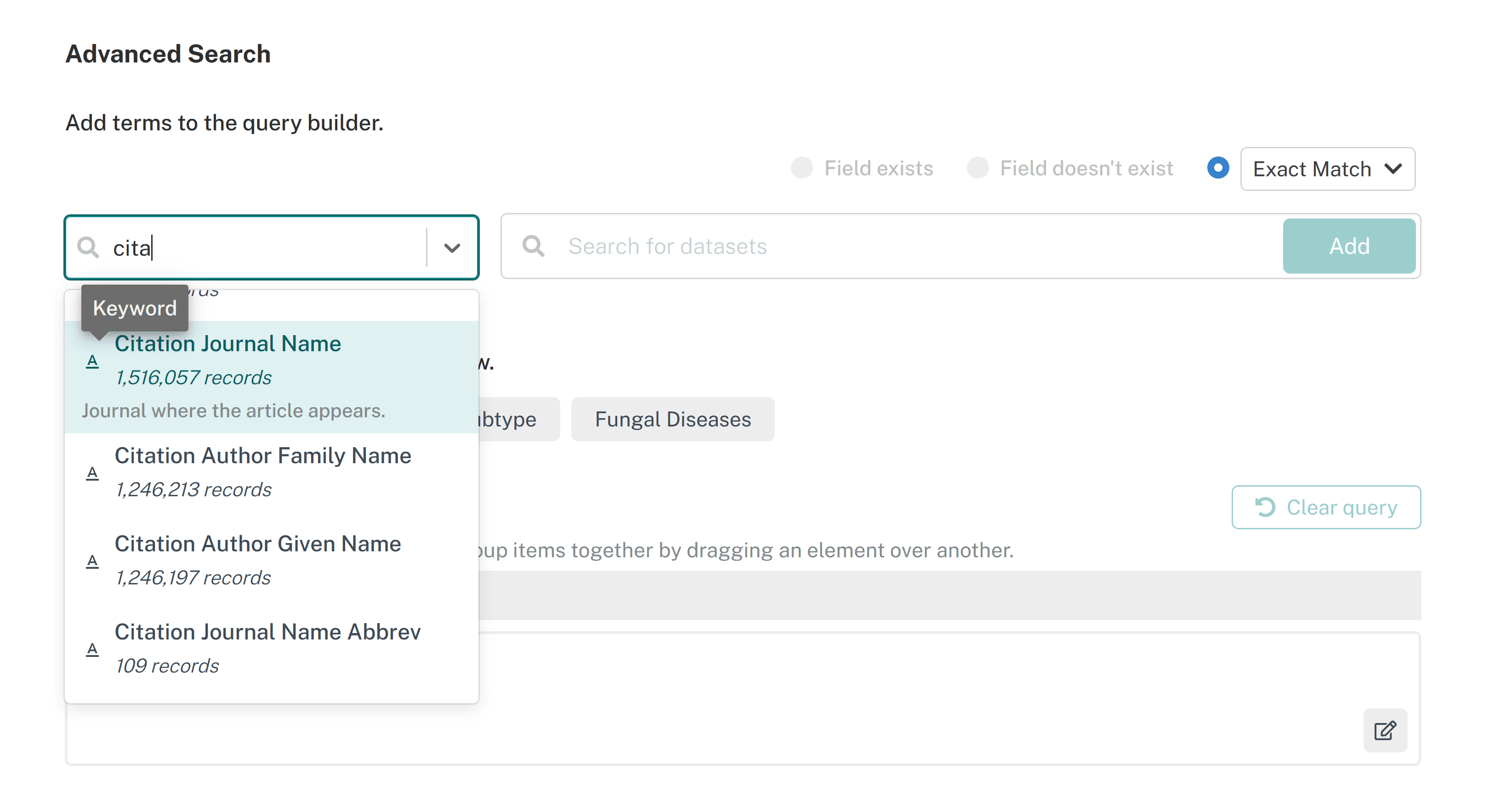 Selecting the citation journal field in the advanced search dropdown.