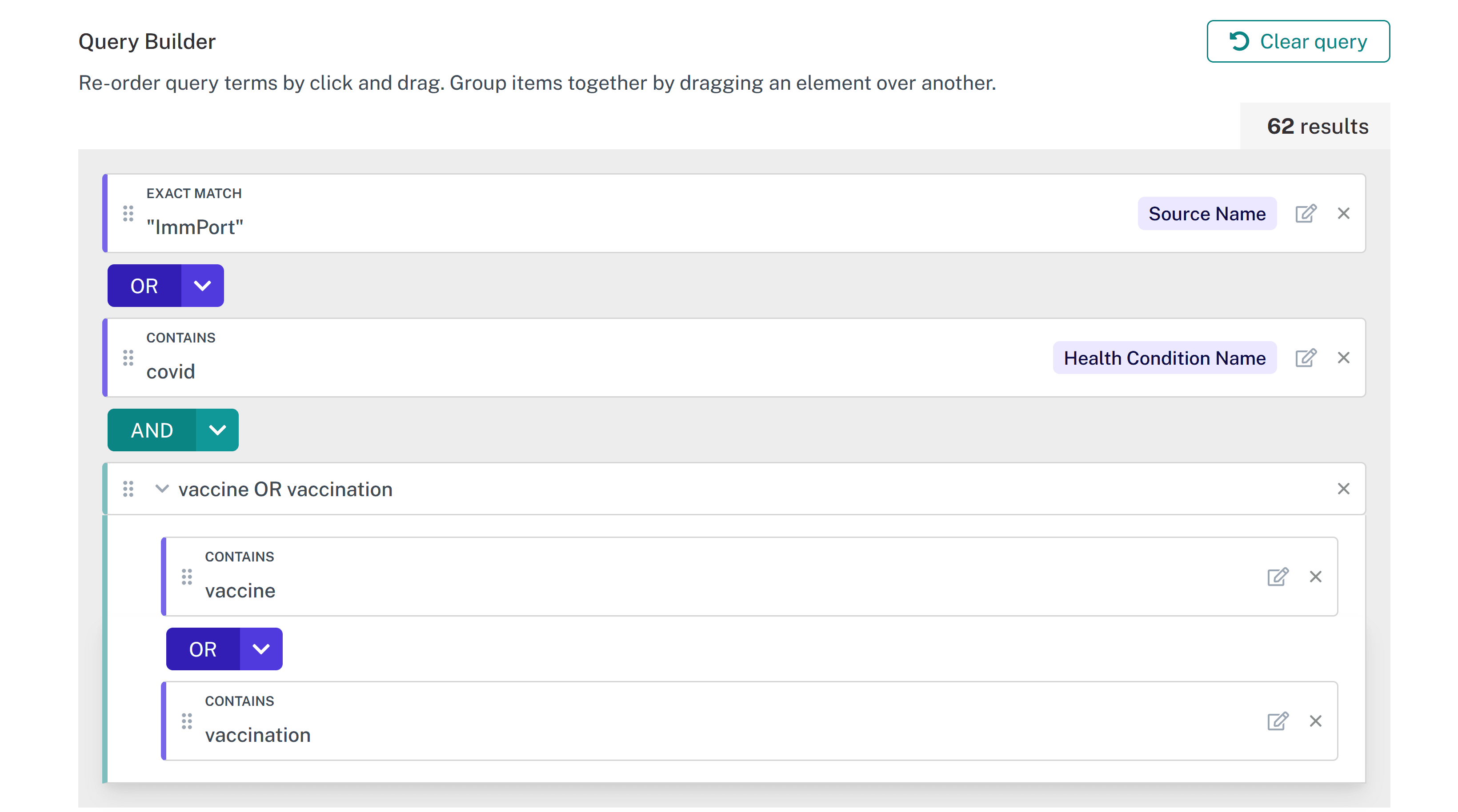 Combining multiple field with 'and', 'or' and 'not' unions.