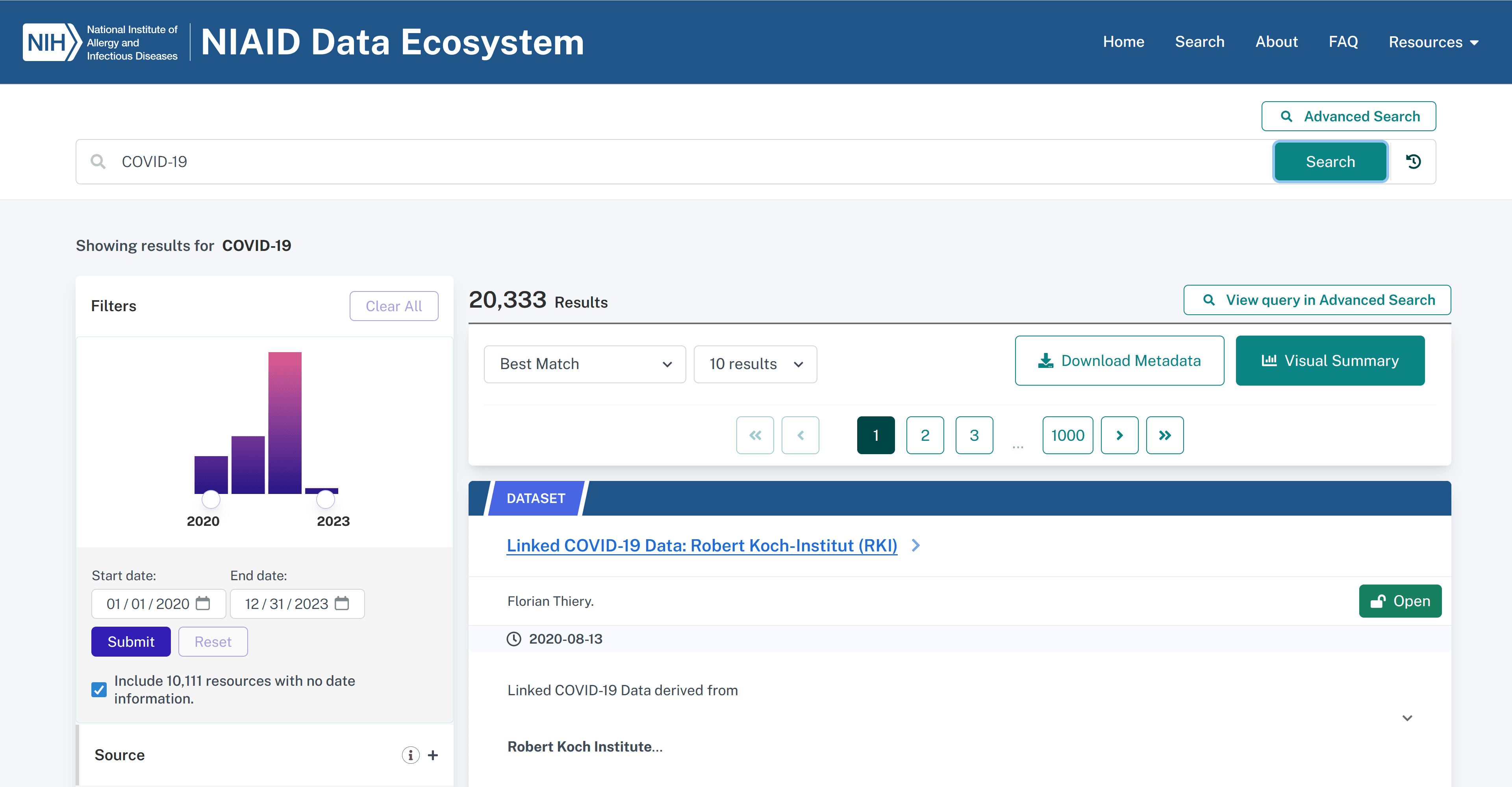 Searching for covid in the NIAID Data Ecosystem.